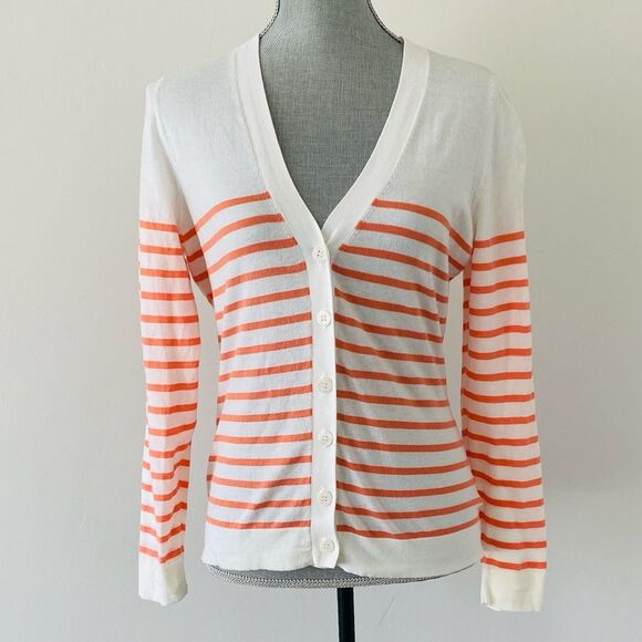 Pure Collection Striped Cotton Cardigan Sweater Orange Stripe Sz 8 Nautical - Picture 1 of 10
